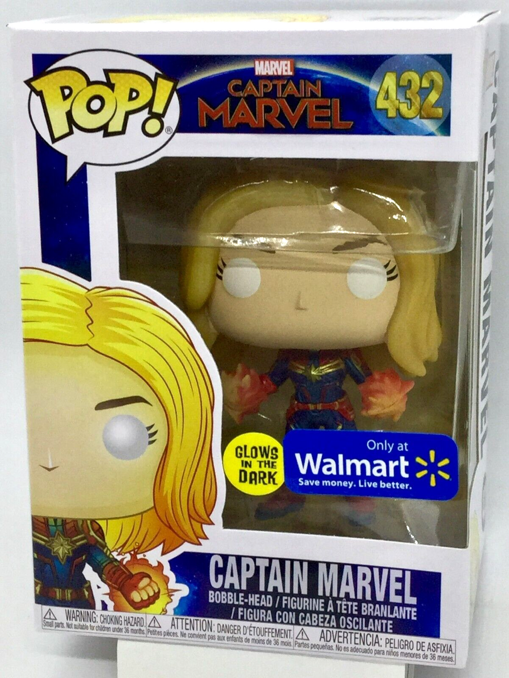 Captain Marvel Pop #432 Glows Marvel Funko 2018 WalMart Exclusive in Protector