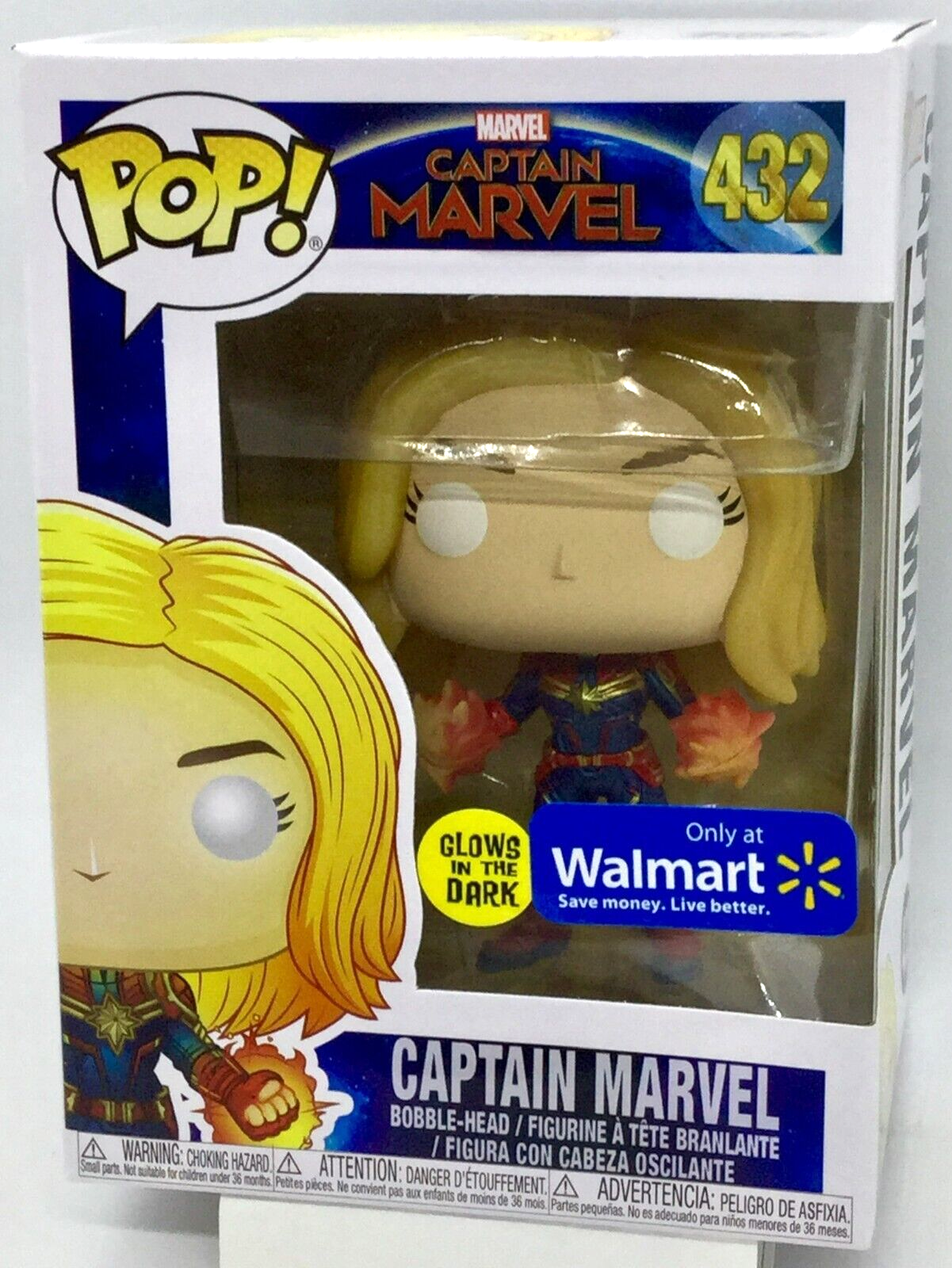 Captain Marvel Pop #432 Glows Marvel Funko 2018 WalMart Exclusive in Protector