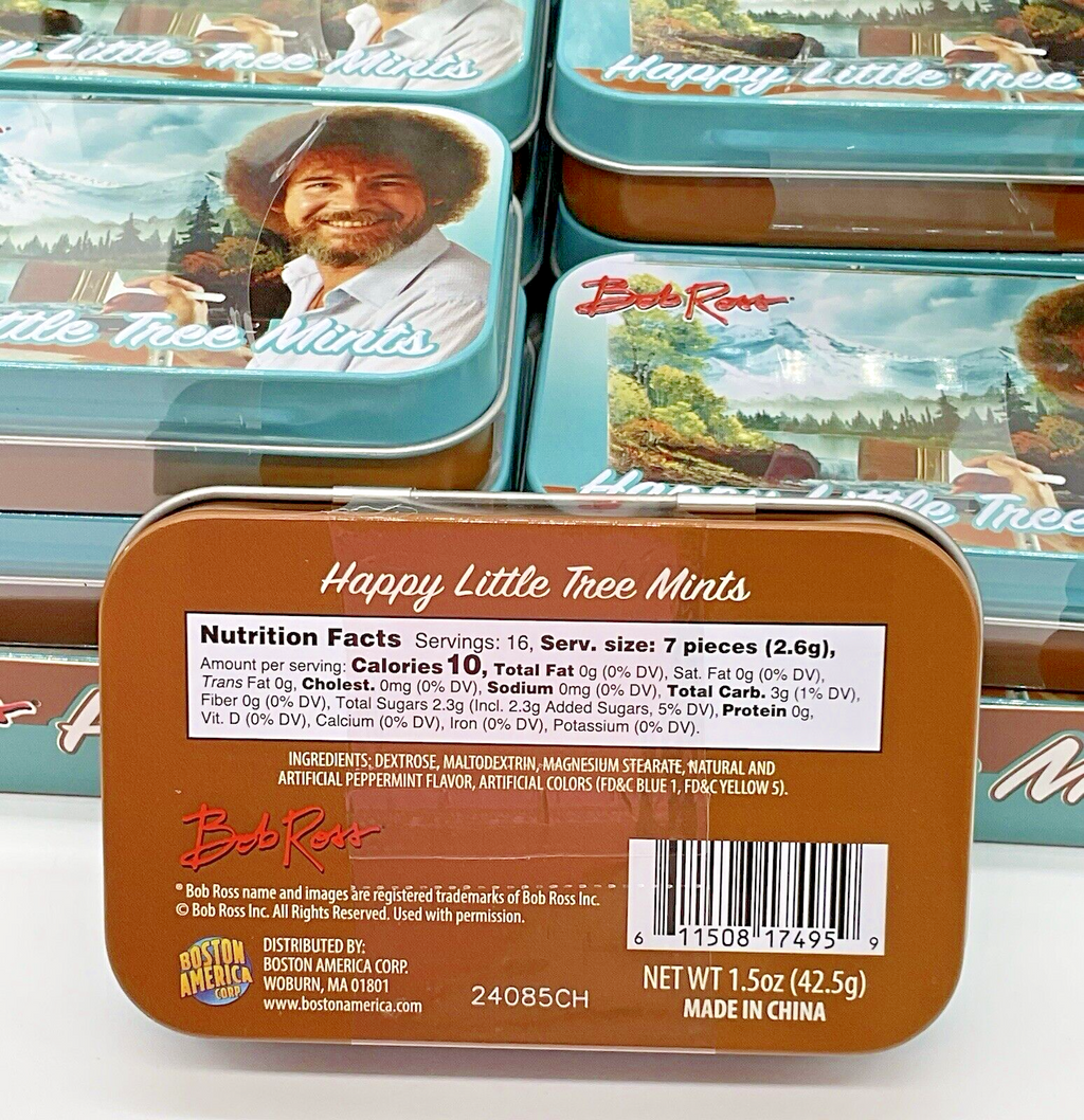 Bob Ross Happy Little Tree Mints in Collectible Tin 3 oz. 3 3/4"x2 1/2"x3/4"