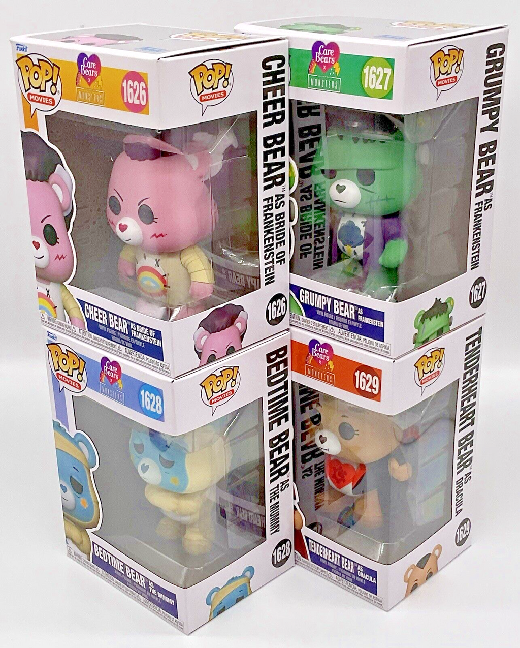 Care Bears Universal Monsters 4 Piece Funko Pop Set Cheer Bear, Bedtime Bear +