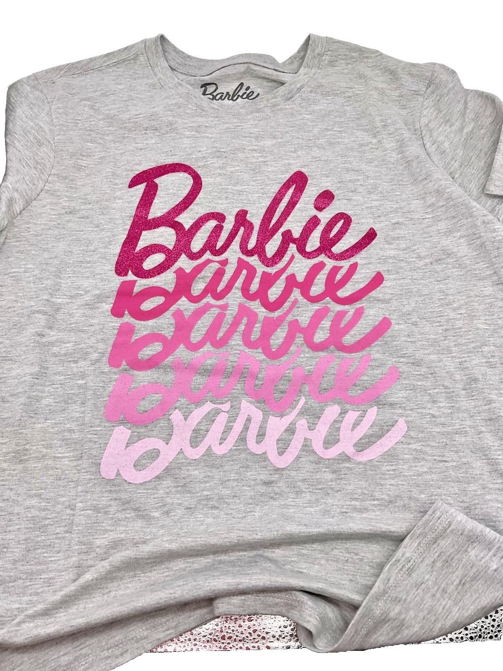 Barbie T-Shirt Unisex Adult Light Gray with Pink Ombre Letters "Barbie"