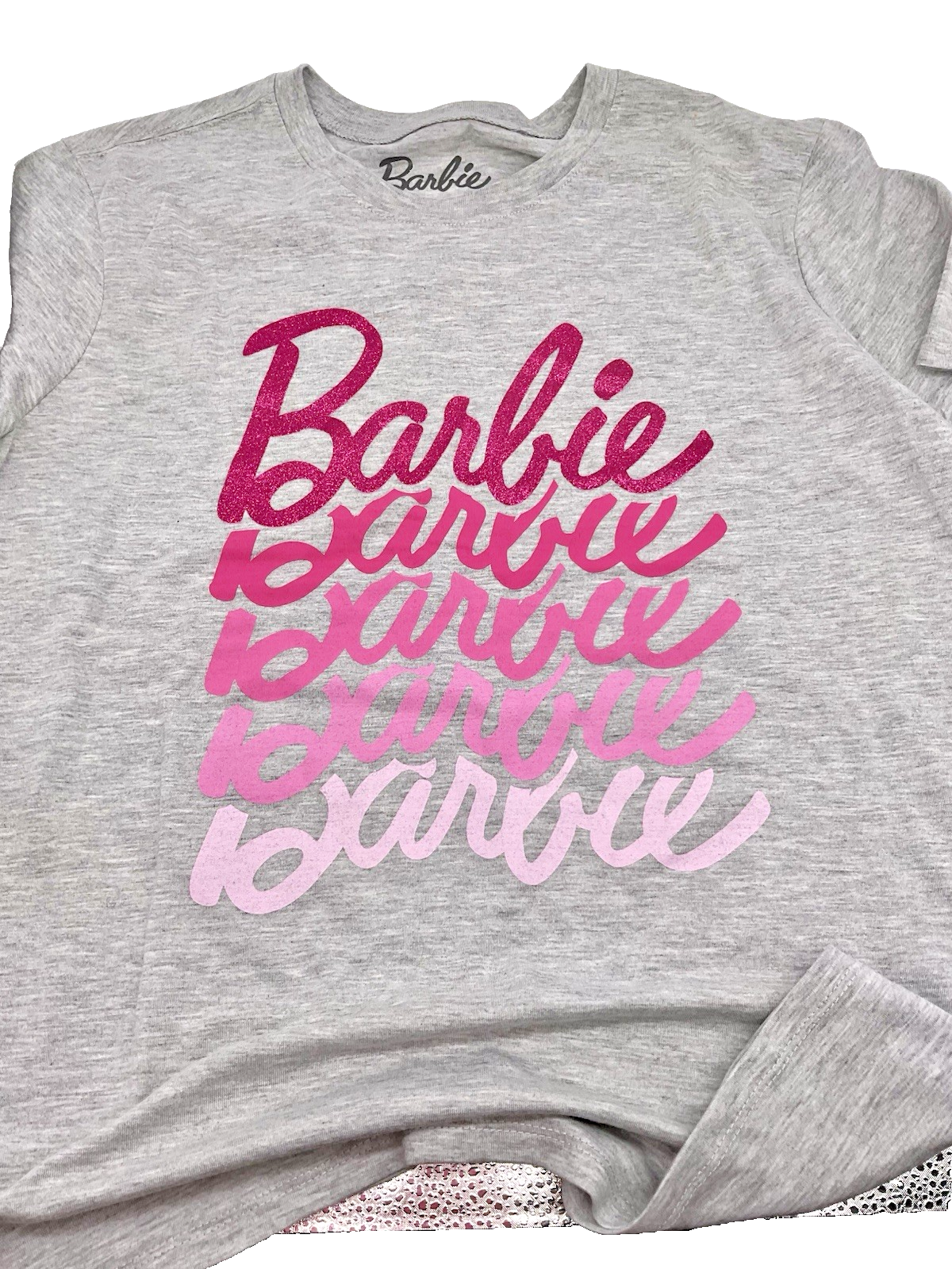 Barbie T-Shirt Unisex Adult Light Gray with Pink Ombre Letters "Barbie"