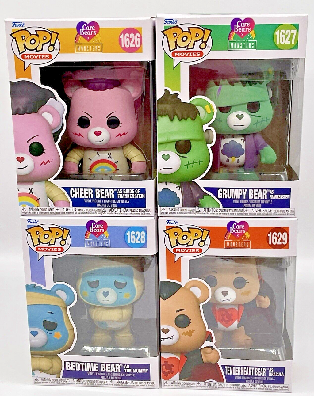Care Bears Universal Monsters 4 Piece Funko Pop Set Cheer Bear, Bedtime Bear +