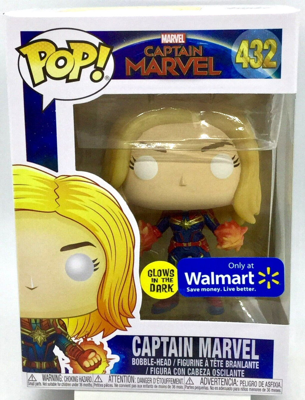 Captain Marvel Pop #432 Glows Marvel Funko 2018 WalMart Exclusive in Protector