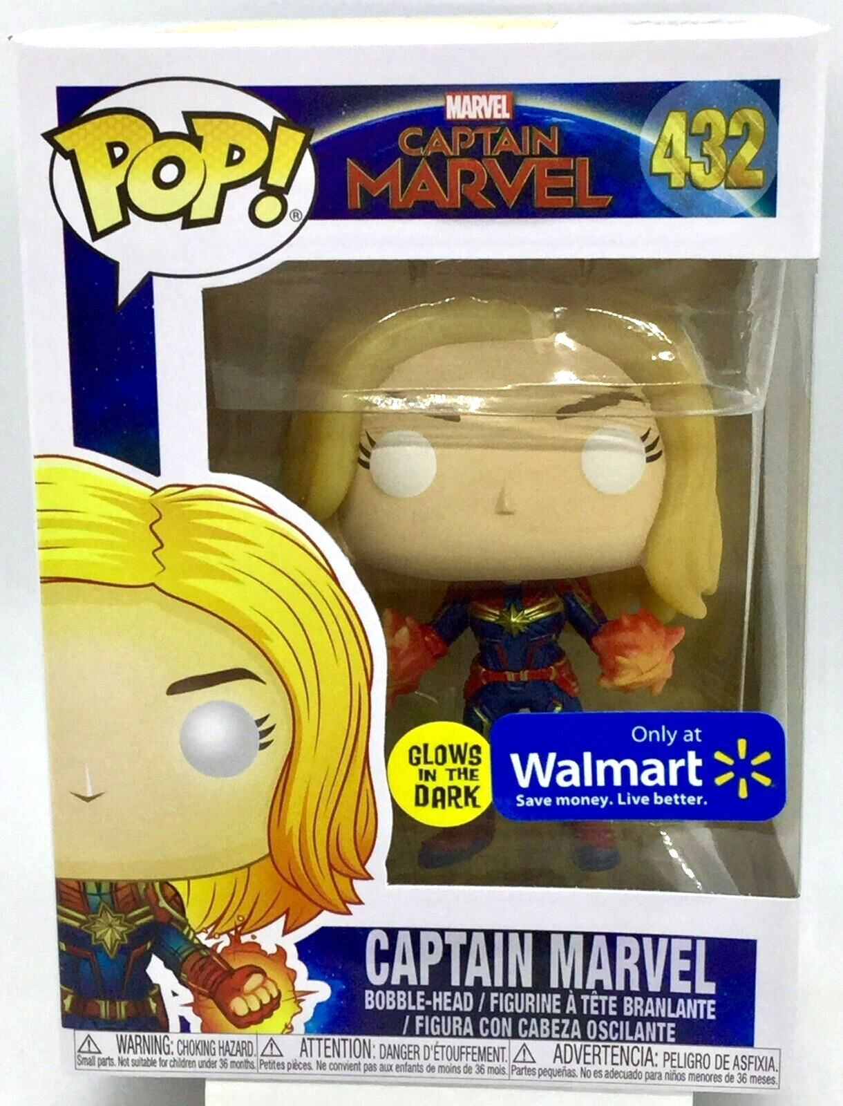 Captain Marvel Pop #432 Glows Marvel Funko 2018 WalMart Exclusive in Protector