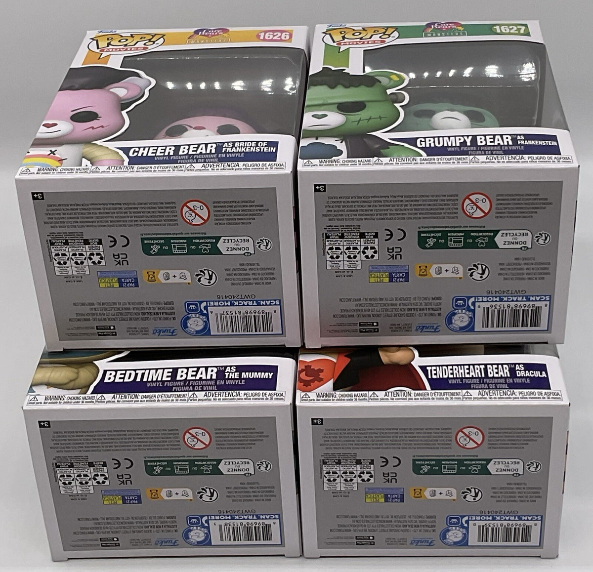 Care Bears Universal Monsters 4 Piece Funko Pop Set Cheer Bear, Bedtime Bear +