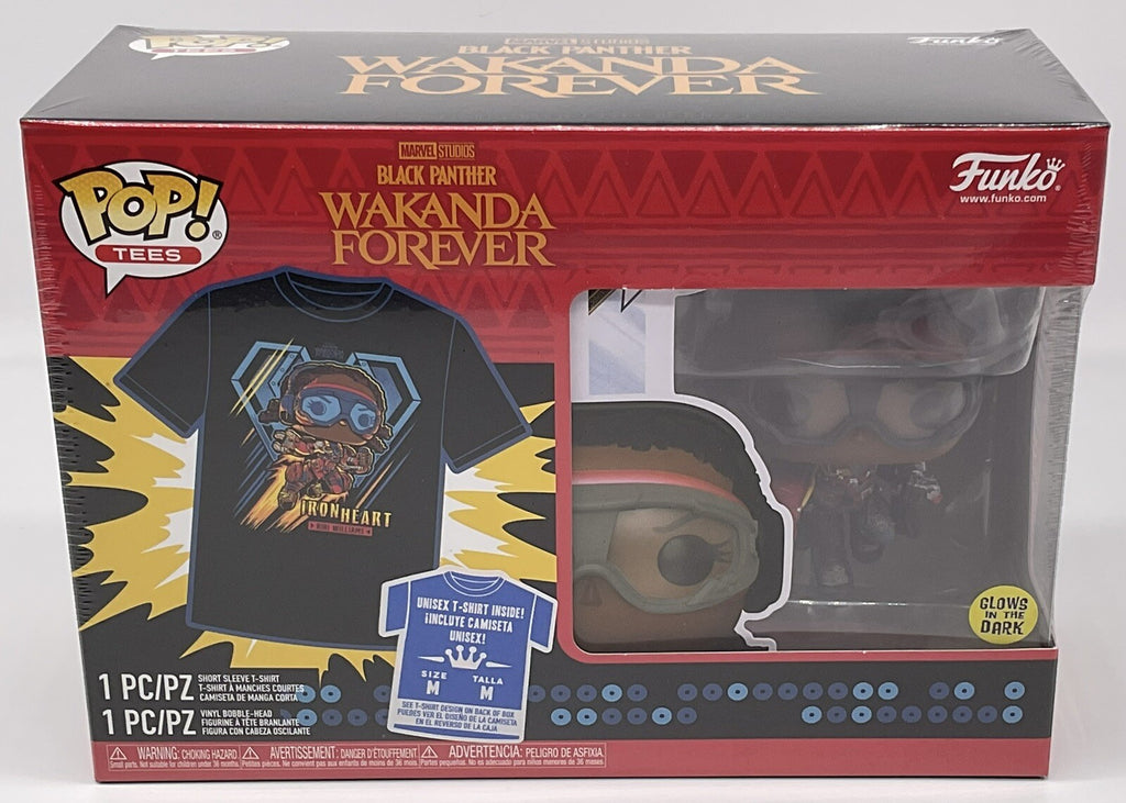 Black Panther Wakanda Forever Funko Pop + Tee Size Large Marvel Iron Heart Glows