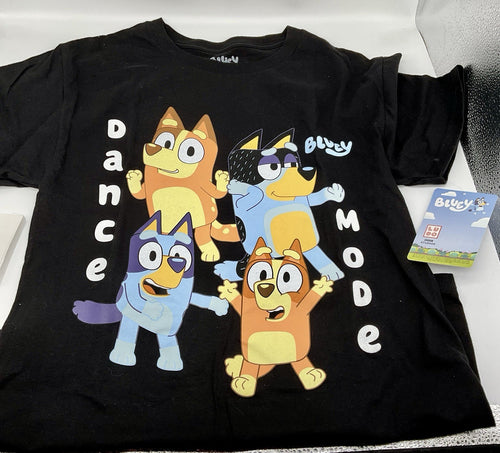 Bluey "Dance Mode"  T-Shirt Unisex Adult Black with Bandit, Chili, Bluey + Bingo