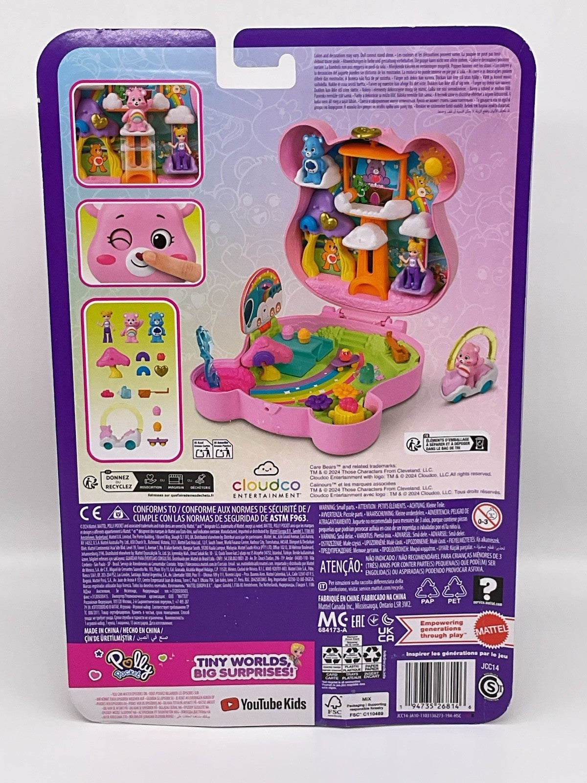 Polly Pocket Care Bears Compact Play Set Mattel 2024 2 Bears 1 Doll, Accessories