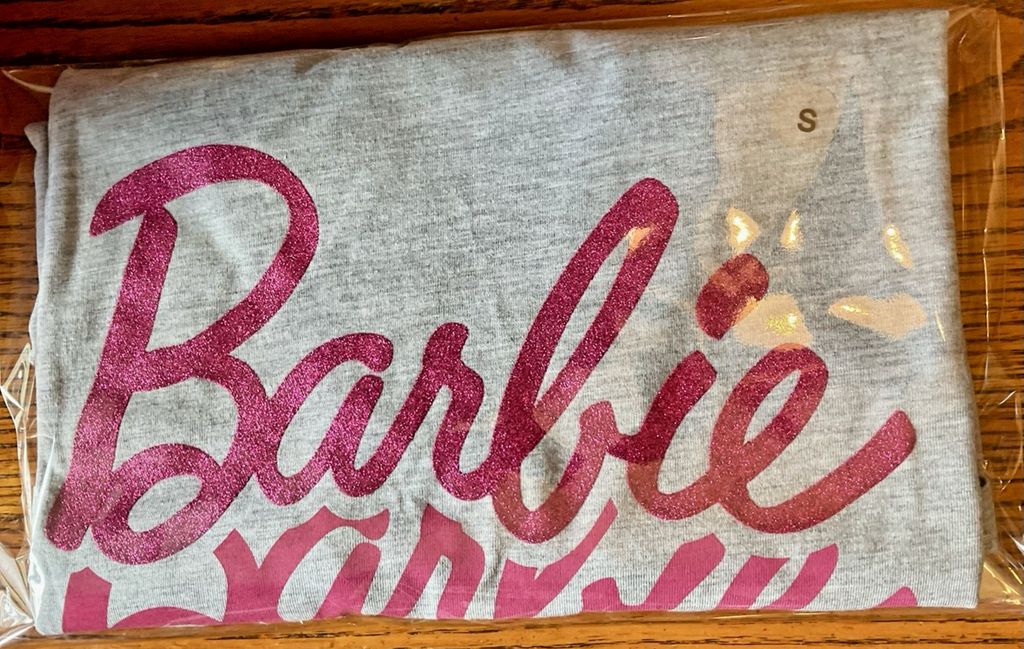 Barbie T-Shirt Unisex Adult Light Gray with Pink Ombre Letters "Barbie"