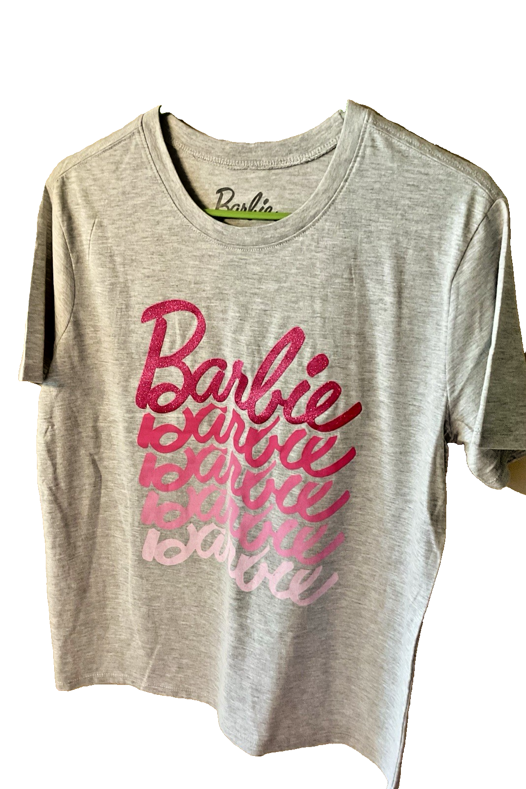 Barbie T-Shirt Unisex Adult Light Gray with Pink Ombre Letters "Barbie"