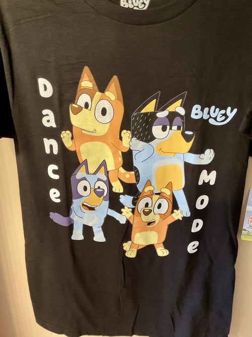 Bluey "Dance Mode"  T-Shirt Unisex Adult Black with Bandit, Chili, Bluey + Bingo
