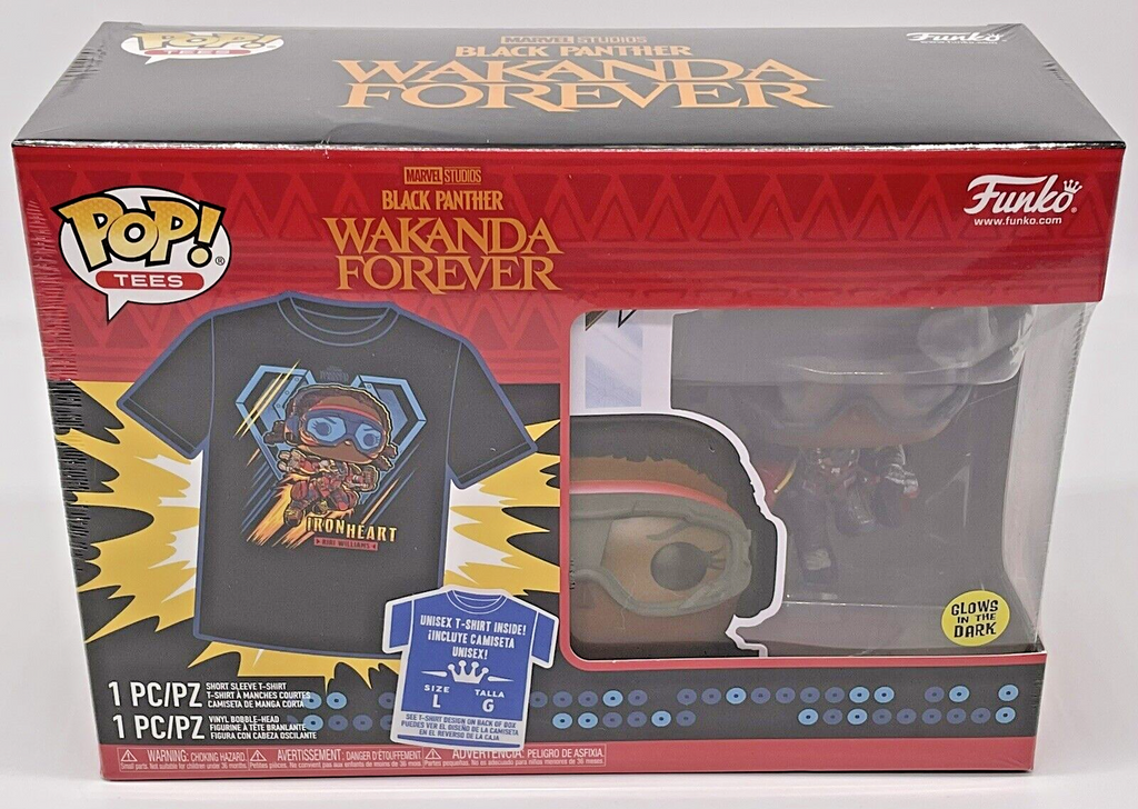 Black Panther Wakanda Forever Funko Pop + Tee Size Large Marvel Iron Heart Glows
