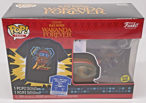 Black Panther Wakanda Forever Funko Pop + Tee Size Large Marvel Iron Heart Glows