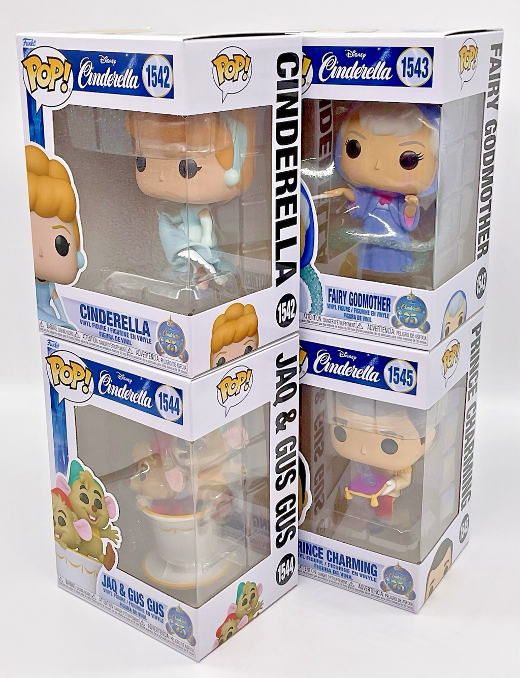 Cinderella 4 Piece Funko Pop Set - Disney Fairy Godmother, Jaq + Gus Gus, Prince