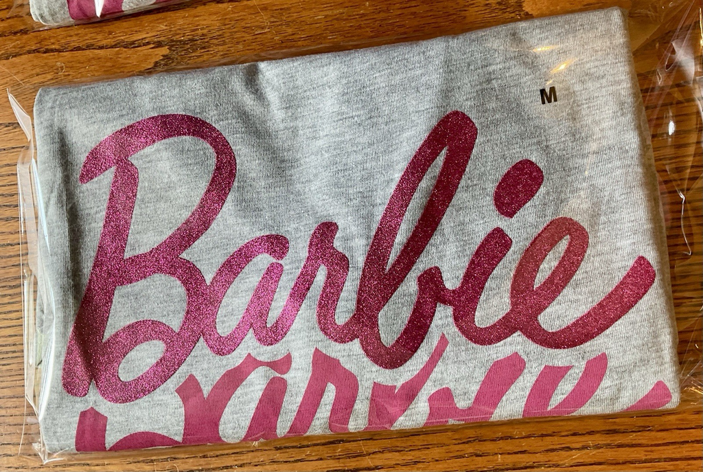 Barbie T-Shirt Unisex Adult Light Gray with Pink Ombre Letters "Barbie"
