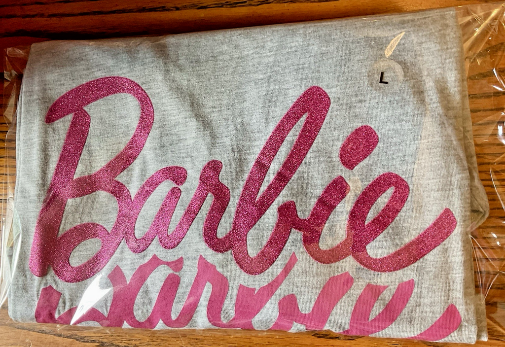 Barbie T-Shirt Unisex Adult Light Gray with Pink Ombre Letters "Barbie"