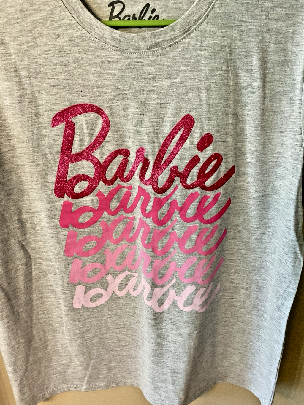 Barbie T-Shirt Unisex Adult Light Gray with Pink Ombre Letters "Barbie"