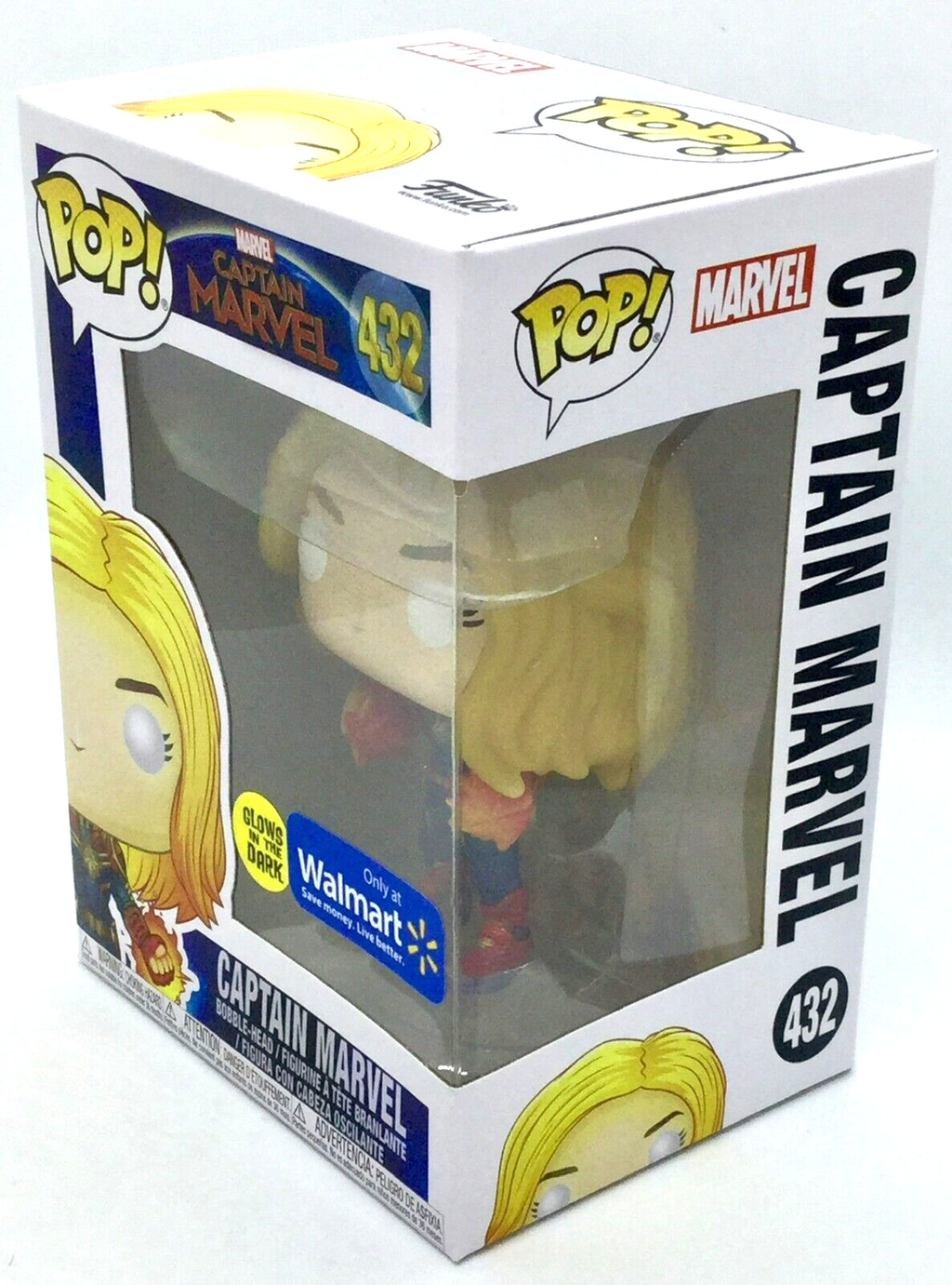 Captain Marvel Pop #432 Glows Marvel Funko 2018 WalMart Exclusive in Protector