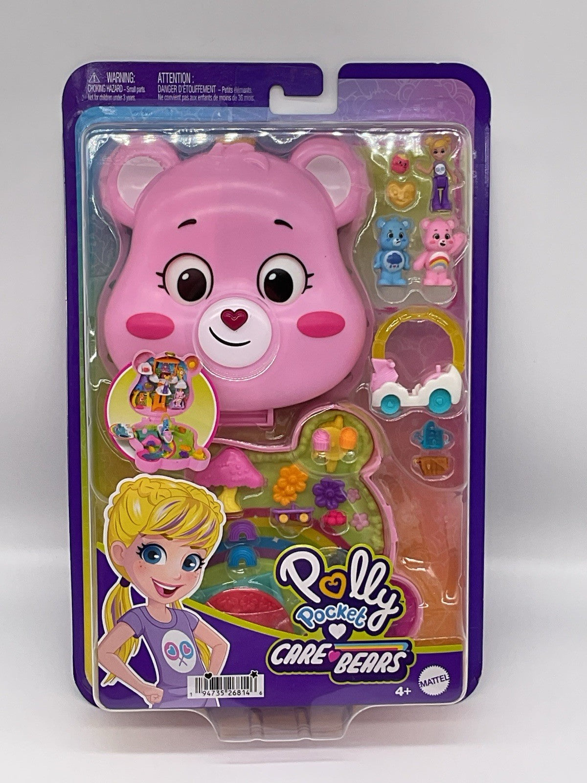 Polly Pocket Care Bears Compact Play Set Mattel 2024 2 Bears 1 Doll, Accessories