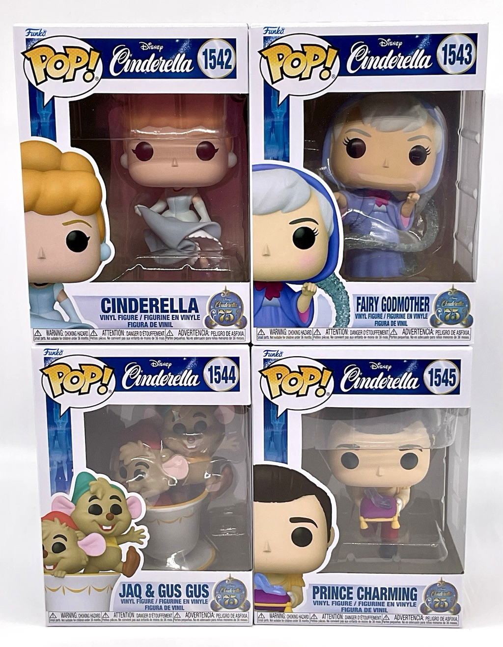 Cinderella 4 Piece Funko Pop Set - Disney Fairy Godmother, Jaq + Gus Gus, Prince