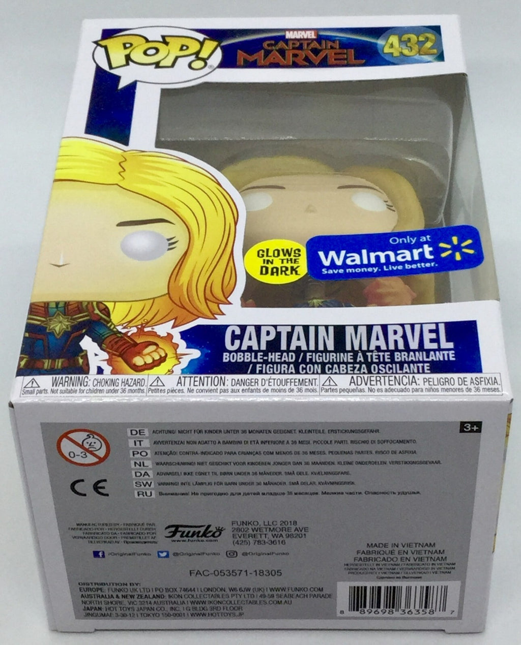 Captain Marvel Pop #432 Glows Marvel Funko 2018 WalMart Exclusive in Protector