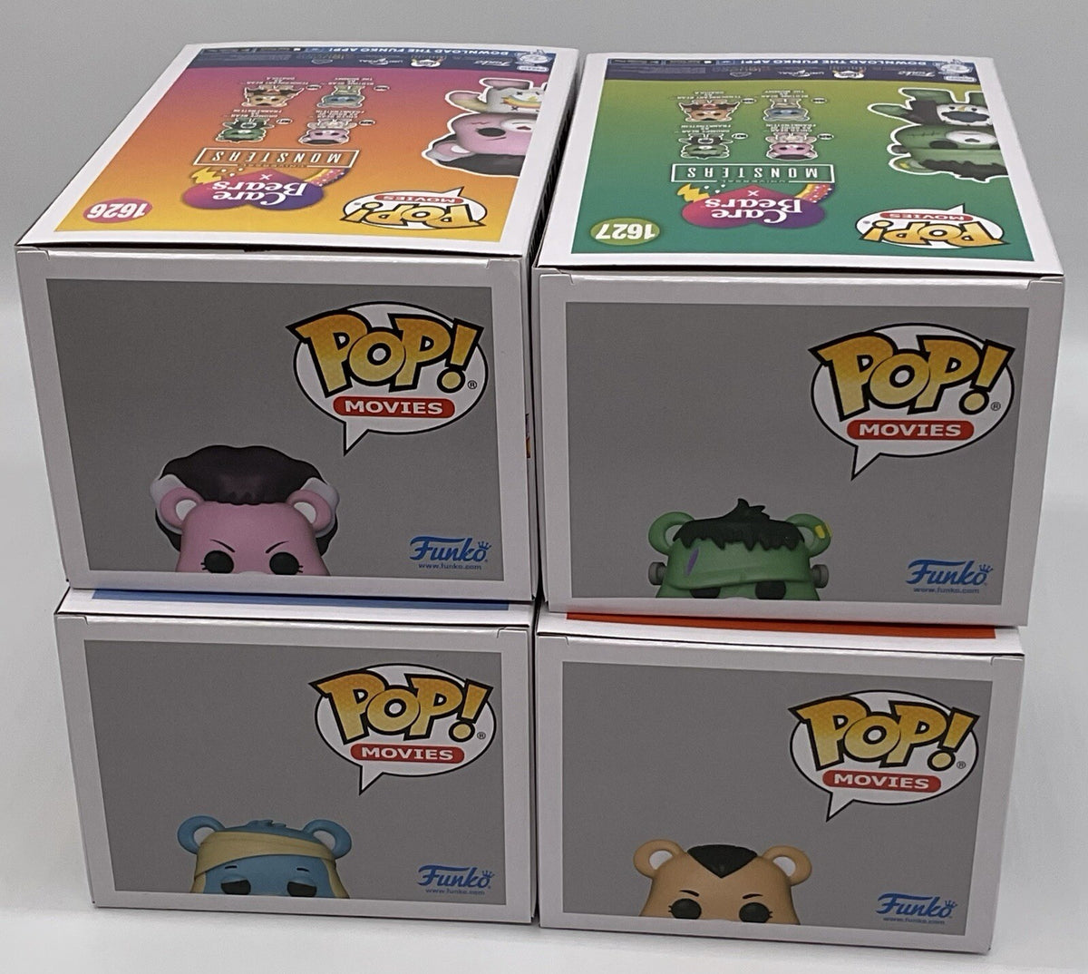 Care Bears Universal Monsters 4 Piece Funko Pop Set Cheer Bear, Bedtime Bear +
