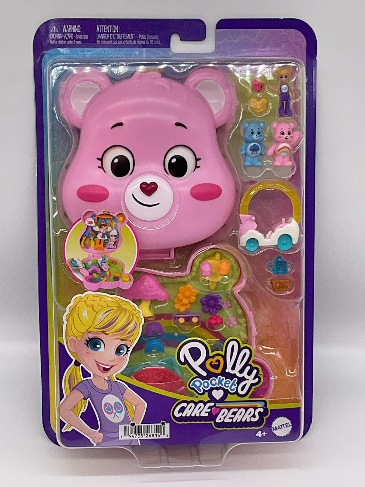 Polly Pocket Care Bears Compact Play Set Mattel 2024 2 Bears 1 Doll, Accessories