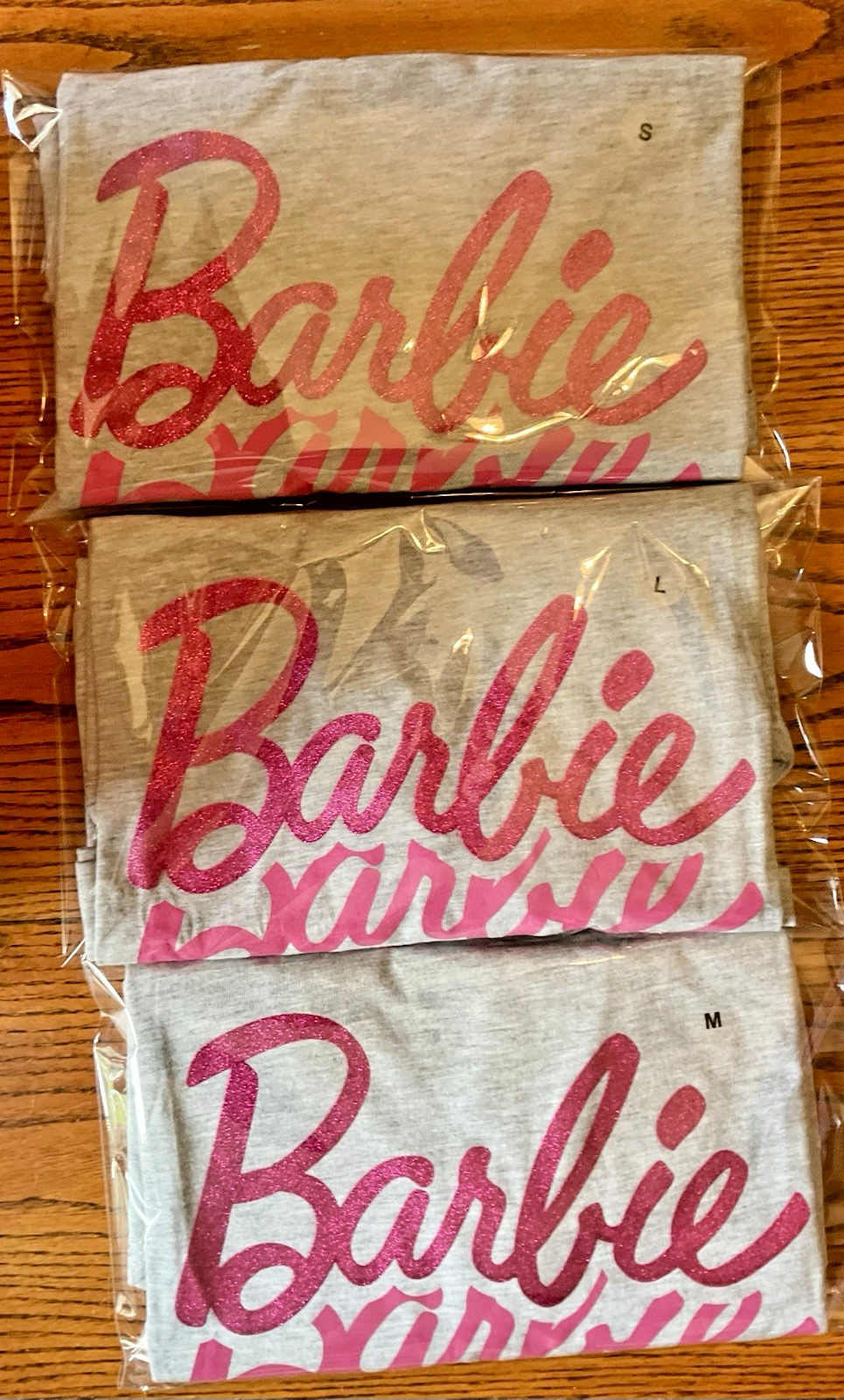 Barbie T-Shirt Unisex Adult Light Gray with Pink Ombre Letters "Barbie"