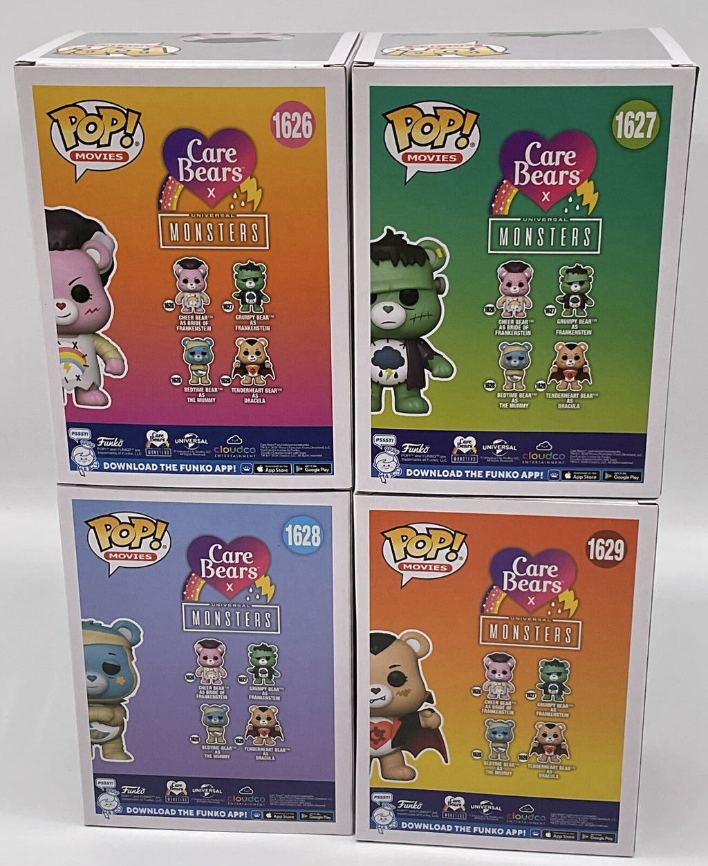 Care Bears Universal Monsters 4 Piece Funko Pop Set Cheer Bear, Bedtime Bear +