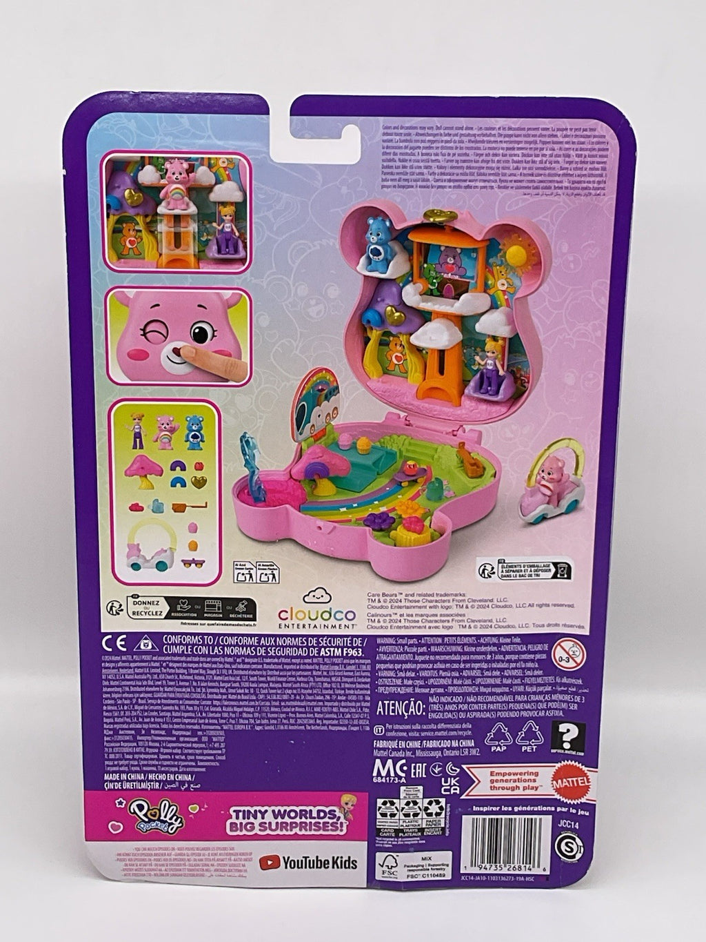 Polly Pocket Care Bears Compact Play Set Mattel 2024 2 Bears 1 Doll, Accessories