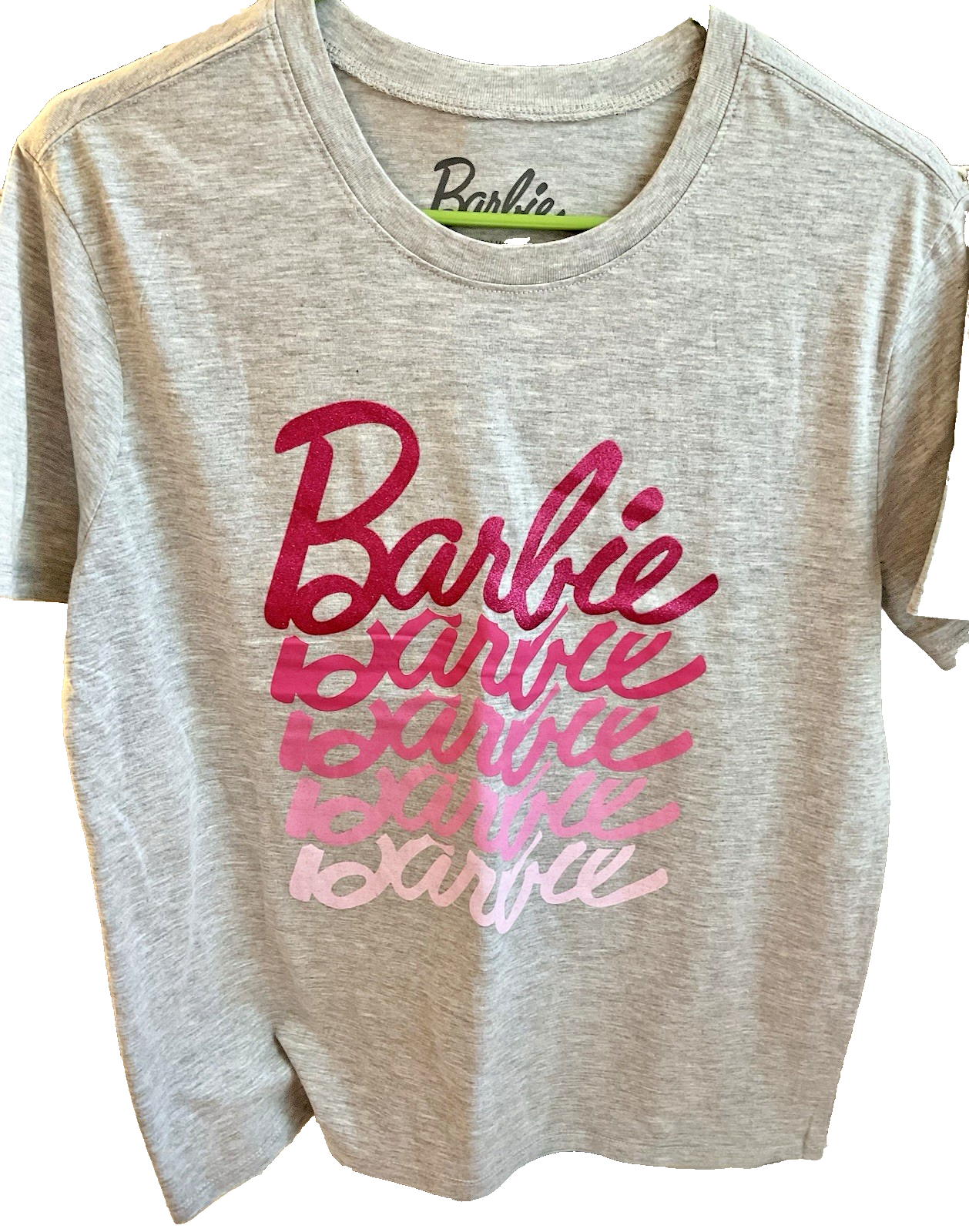 Barbie T-Shirt Unisex Adult Light Gray with Pink Ombre Letters "Barbie"